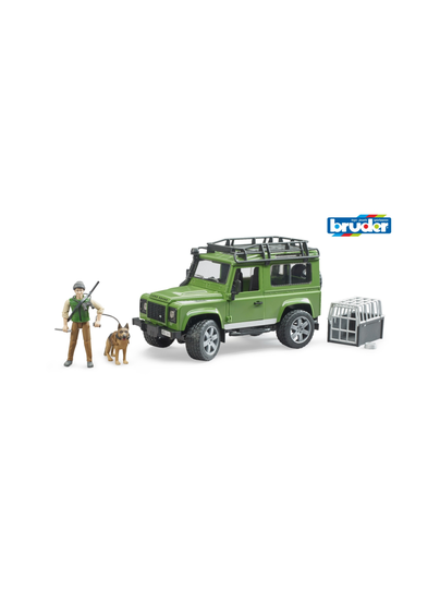 BRUDER Land Rover Defender -maastoauto, metsästäjä ja koira, 1:16