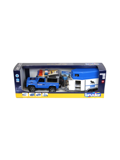 BRUDER Land Rover Defender -poliisiauto, hevostraileri, hevonen ja poliisi, 1:16