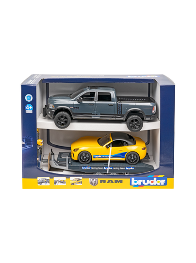 BRUDER Dodge RAM Power Wagon -avolava, kilpa-auto ja kuljetustraileri, 1:16