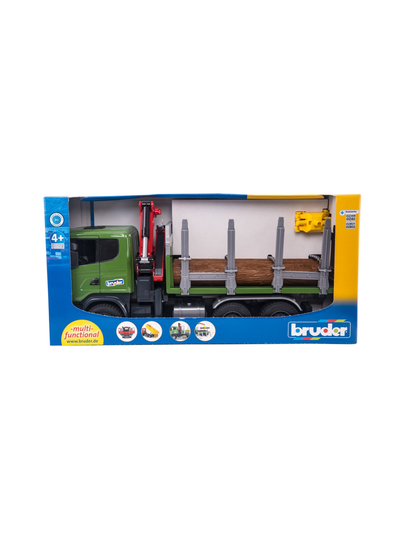 BRUDER Scania R-sarjan tukkirekka nosturilla ja 3 tukkia, 1:16